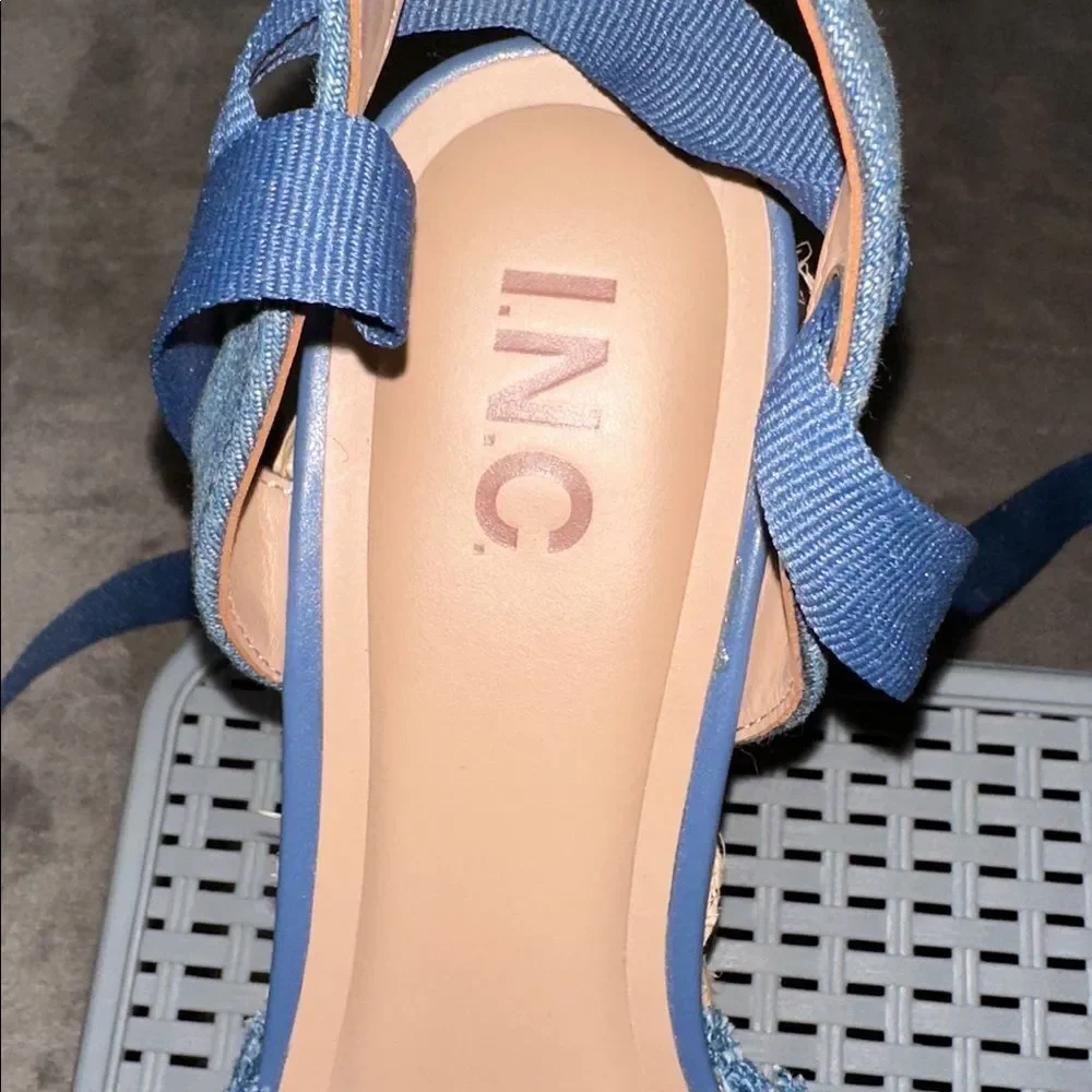 INC 8 Moniqueef Denim Blue Cream Fringe Overlap Ankle Tie Wedge Espadrilles
